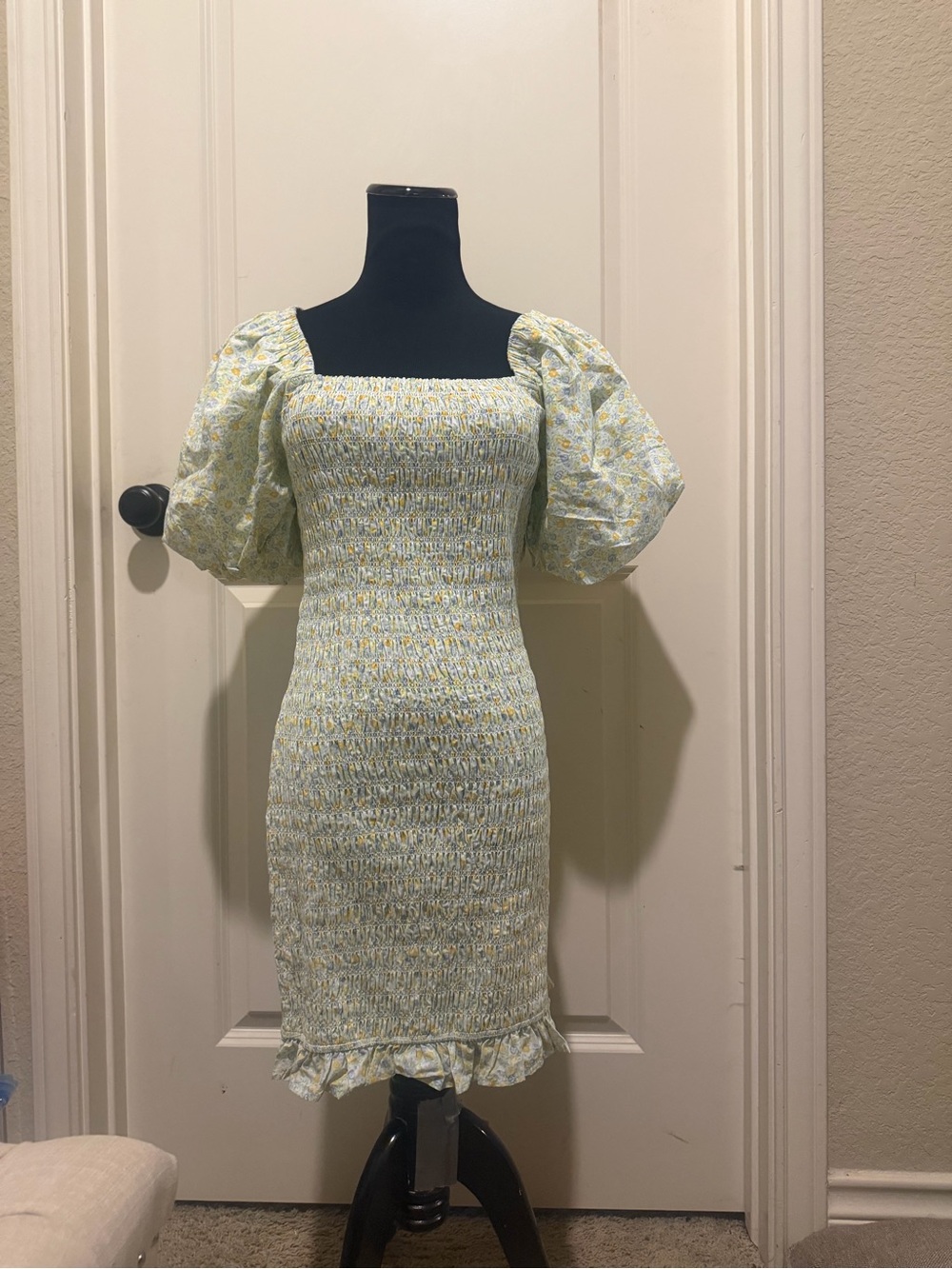 English Factory Light Yellow & Pale Blue Smocked Mini Dress with Puff Sleeves